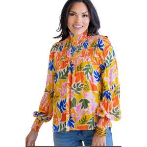 Karlie Women's Clothes Tropical Smocked Neck Top Size S Yellow Long Sleeve